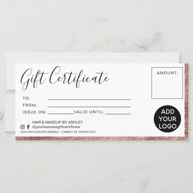 Modern rose gold foil simple gift certificate logo (Front)