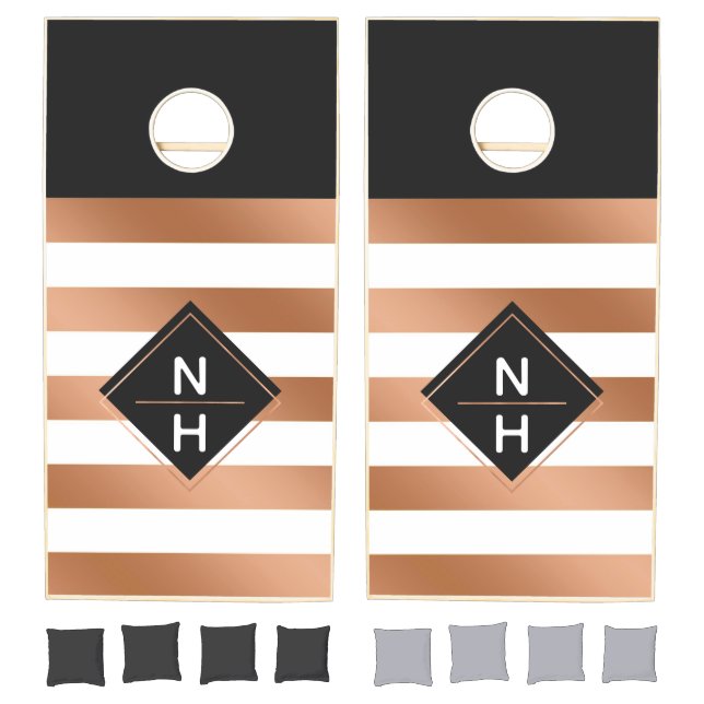 Modern Rose Gold Foil Stripes Stacked Monogram Cornhole Set (Set)