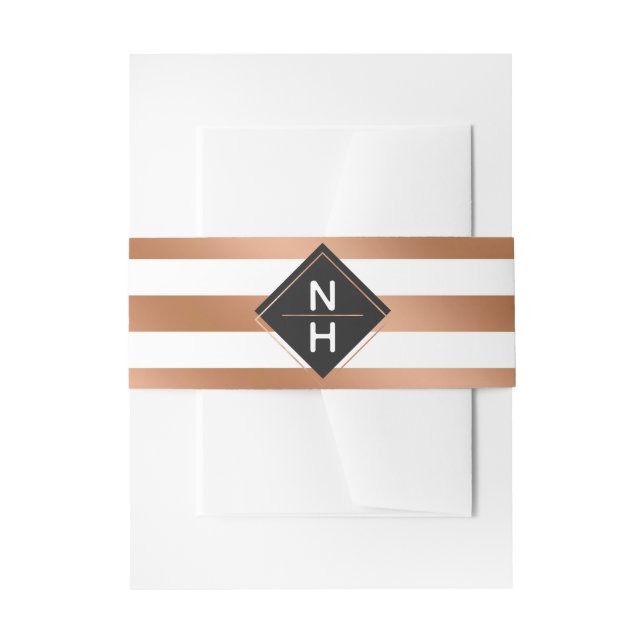 Modern Rose Gold Foil Stripes Wedding Monogram Invitation Belly Band (Front Example)