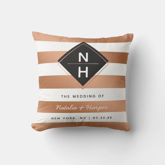 Modern Rose Gold Foil Stripes Wedding Monogram Throw Pillow (Front)