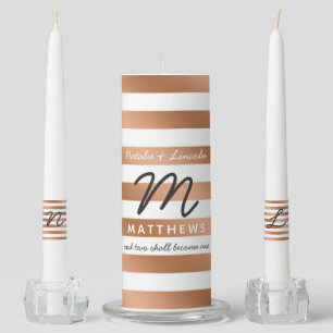 Modern Rose Gold Foil Stripes Wedding Monogram Unity Candle Set