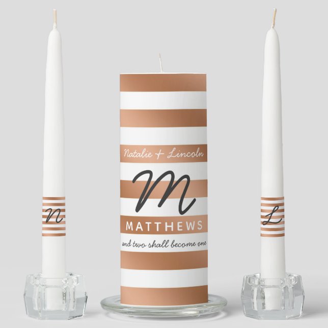 Modern Rose Gold Foil Stripes Wedding Monogram Unity Candle Set (Front)