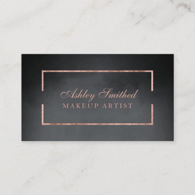 Modern rose gold frame black watercolor makeup business card (Front)