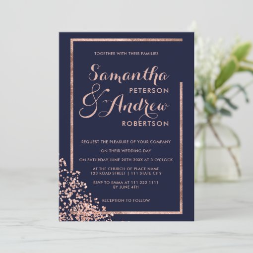 Modern rose gold frame navy confetti wedding invitation | Zazzle