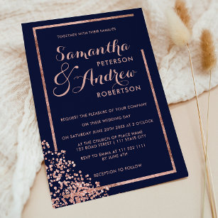 Modern rose gold frame navy confetti wedding invitation