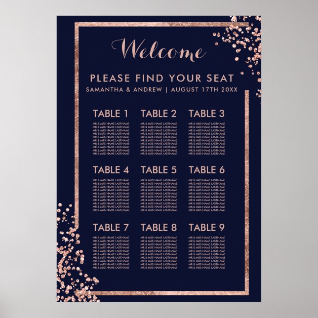 Modern rose gold frame navy wedding seating poster (Front)