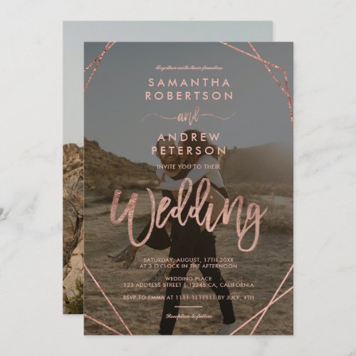 Modern rose gold frame simple photo script wedding invitation