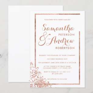 Modern rose gold frame white confetti wedding invitation