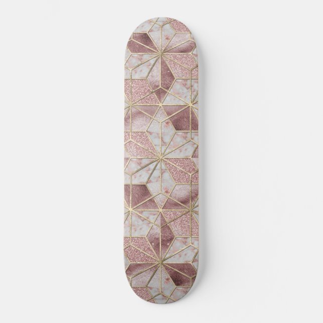 Modern rose gold geometric star flower pattern skateboard deck (Front)