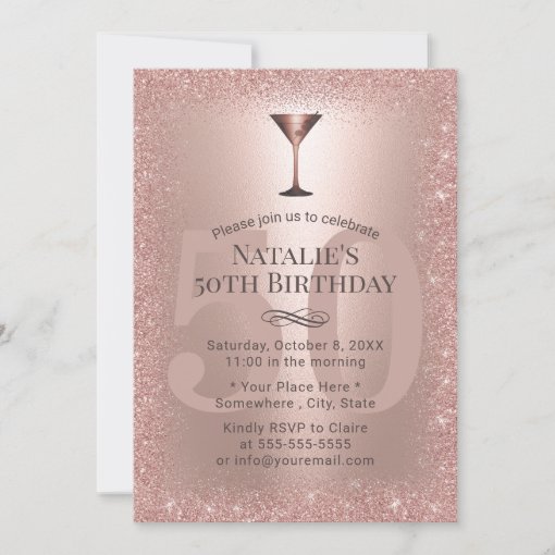 Modern Rose Gold Glitter 50th Birthday Cocktail Invitation | Zazzle