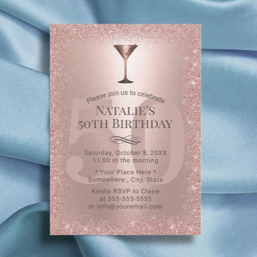 Modern Rose Gold Glitter 50th Birthday Cocktail Invitation