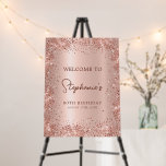 Modern Rose Gold Glitter 80th Birthday Welcome Foam Board<br><div class="desc">Elegant Modern Sparkle rose gold glitter metallic and Personalized Birthday Welcome Sign Foam Board. This Girly Adult feminine any age Birhday party sign featuring a stylish handwritten calligraphy script, blush pink or rose gold faux brushed metallic foil background with loose glam glitter frame around. Ideal for a girly feminine adult...</div>