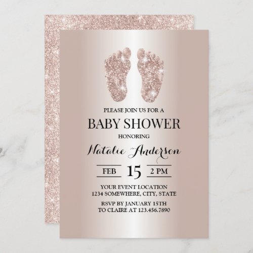 Modern Rose Gold Glitter Baby Feet Baby Shower Invitation