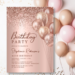 Modern Rose Gold Glitter Balloon 45th Birthday Invitation