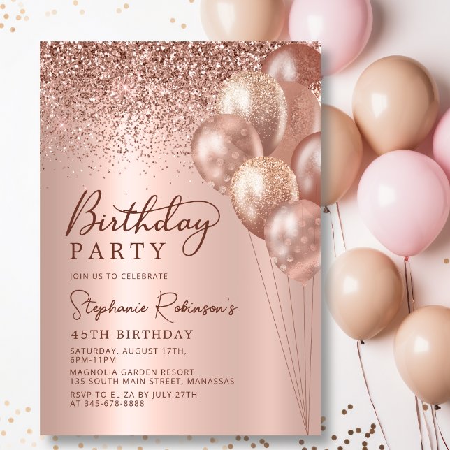 Modern Rose Gold Glitter Balloon 45th Birthday Invitation (Creator Uploaded)