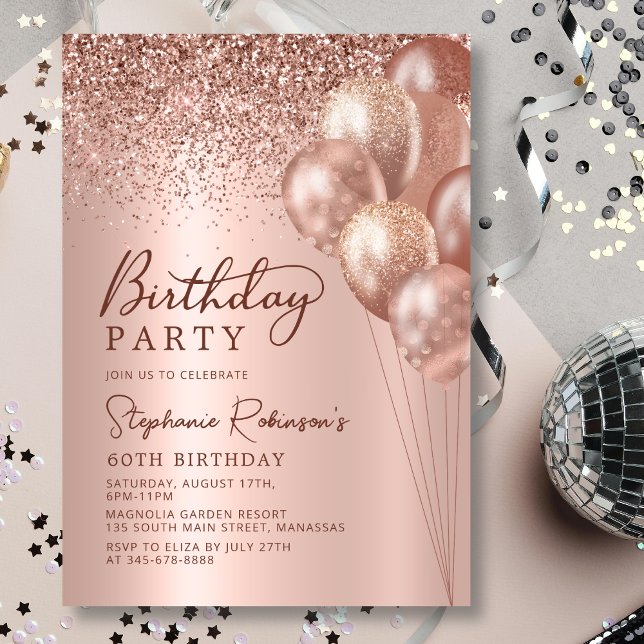 Modern Rose Gold Glitter Balloon 60th Birthday Invitation (Creator Uploaded)