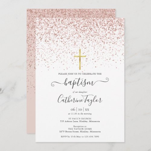 Modern Rose Gold Glitter Baptism Christening Invitation