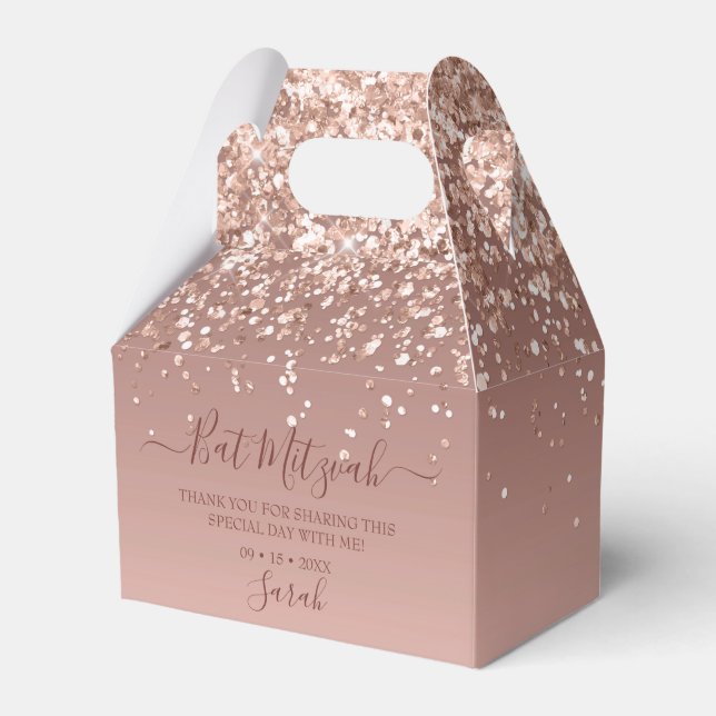 Modern Rose Gold Glitter Bat Mitzvah Favor Boxes (Front Side)