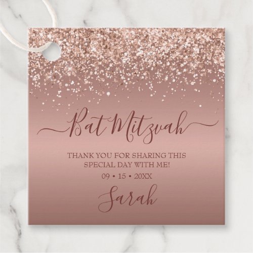 Modern Rose Gold Glitter Bat Mitzvah Favor Tags