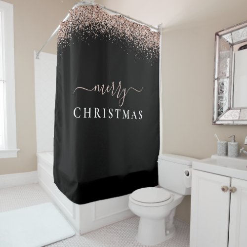 Modern Rose Gold Glitter Black Merry Christmas Shower Curtain