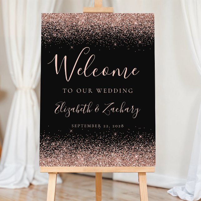Modern Rose Gold Glitter Black Wedding Welcome Foam Board (Creator Uploaded)