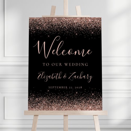 Modern Rose Gold Glitter Black Wedding Welcome Foam Board