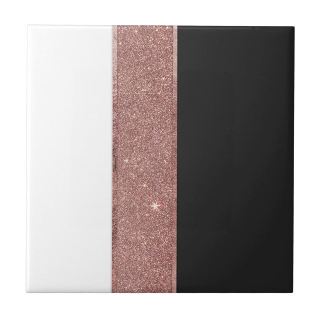 Modern Rose Gold Glitter Black White Color Blocks Ceramic Tile (Front)