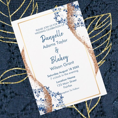 Modern Rose Gold Glitter Blue Lace Mandala Wedding Invitation