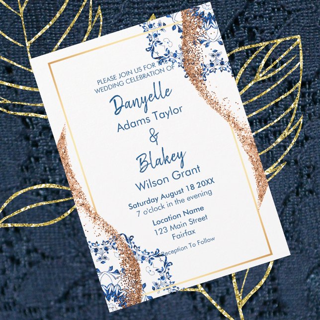 Modern Rose Gold Glitter Blue Lace Mandala Wedding Invitation (Creator Uploaded)