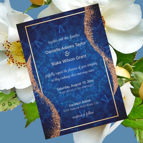Modern Rose Gold Glitter Blue Mandala Wedding Invitation