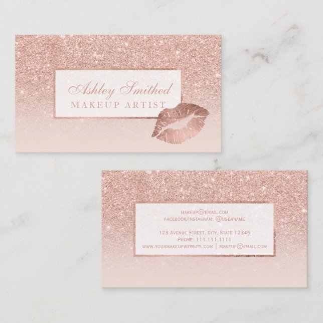 Modern rose gold glitter blush ombre makeup lips business card (Front/Back)