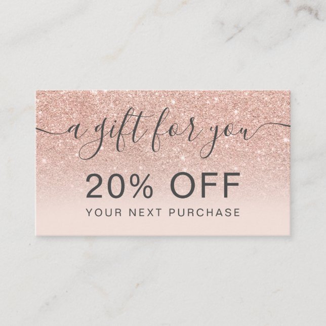 Modern rose gold glitter blush ombre professional discount card (Front)