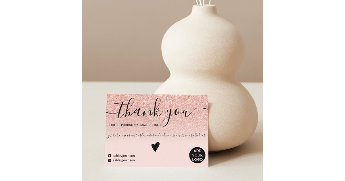 Modern rose gold glitter blush order thank you card | Zazzle