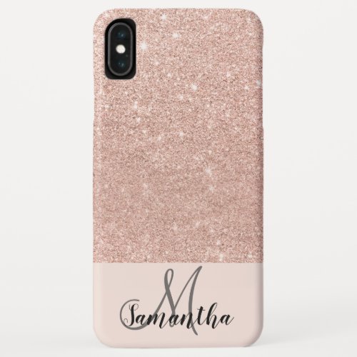 Modern rose gold glitter blush pink block monogram iPhone XS max case