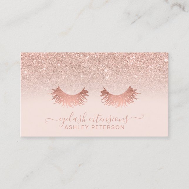 Modern rose gold glitter blush pink eyelashes business card (Front)