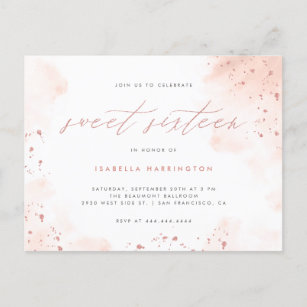 Modern Rose Gold Glitter Blush Pink Ombre Sweet 16 Invitation Postcard