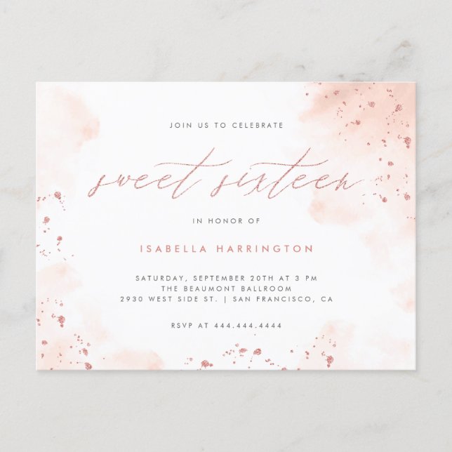 Modern Rose Gold Glitter Blush Pink Ombre Sweet 16 Invitation Postcard (Front)