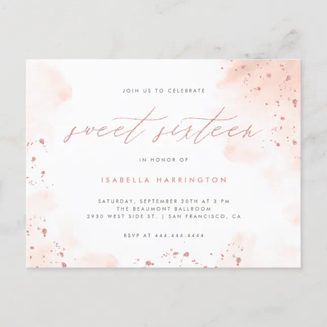 Modern Rose Gold Glitter Blush Pink Ombre Sweet 16 Invitation Postcard Zazzle 8870