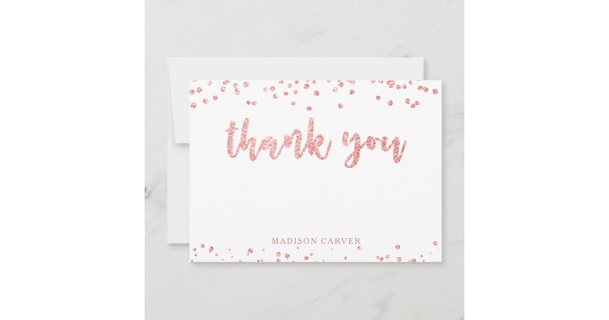 Modern Rose Gold Glitter Brush Script and Confetti Thank You Card | Zazzle