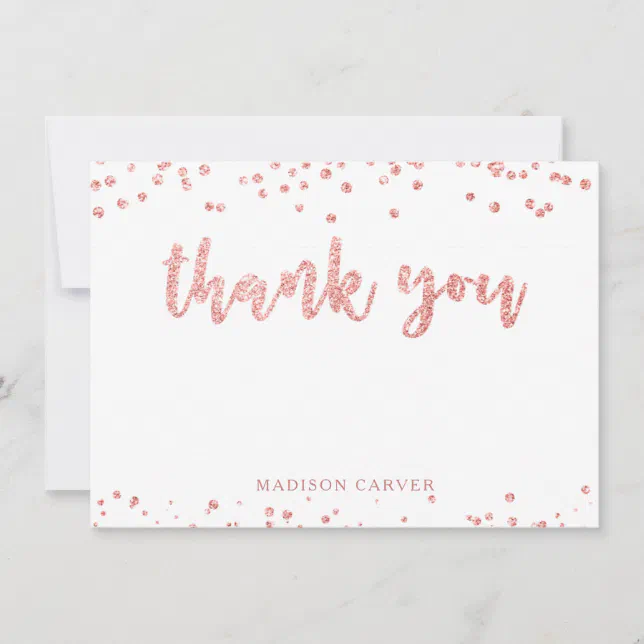 Modern Rose Gold Glitter Brush Script and Confetti Thank You Card | Zazzle