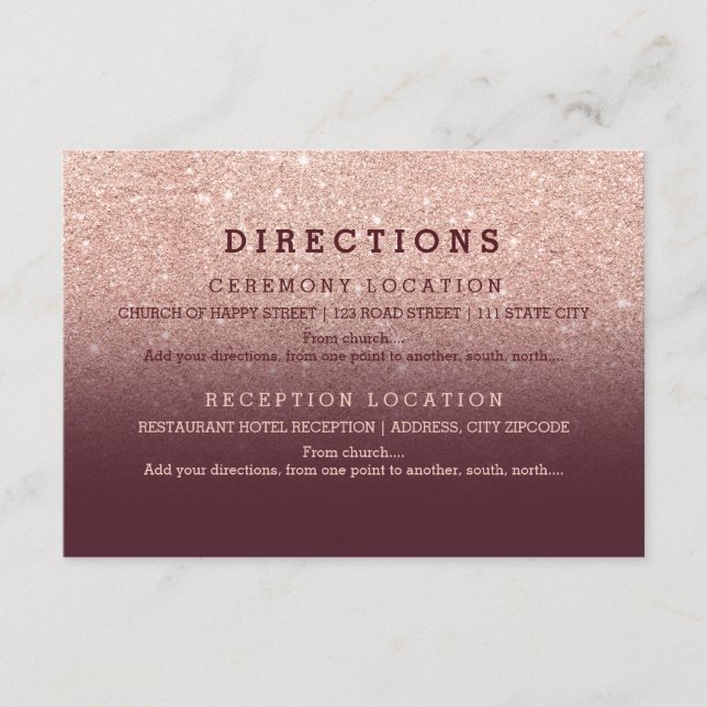 Modern rose gold glitter burgundy details wedding enclosure card (Front)