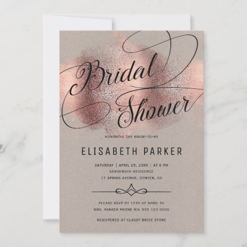 Modern rose gold glitter calligraphy bridal shower invitation