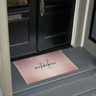 Modern Rose Gold Glitter Chic Girly Monogram Name Doormat