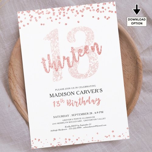 Modern Rose Gold Glitter Confetti 13th Birthday Invitation