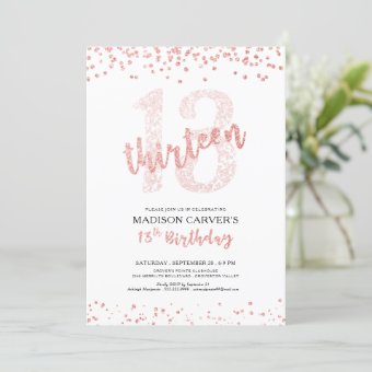 Modern Rose Gold Glitter Confetti 13th Birthday Invitation | Zazzle