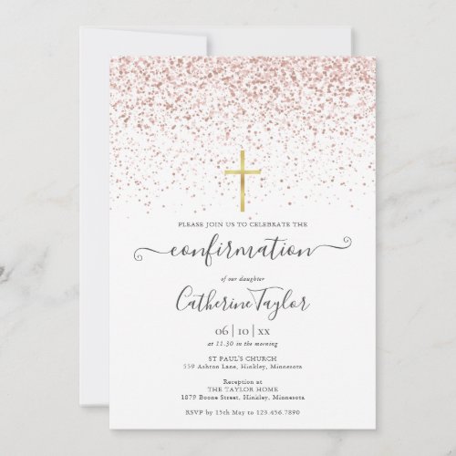 Modern Rose Gold Glitter Confirmation Invitation