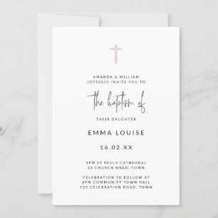 Modern Rose Gold Glitter Cross Handwritten Baptism Invitation