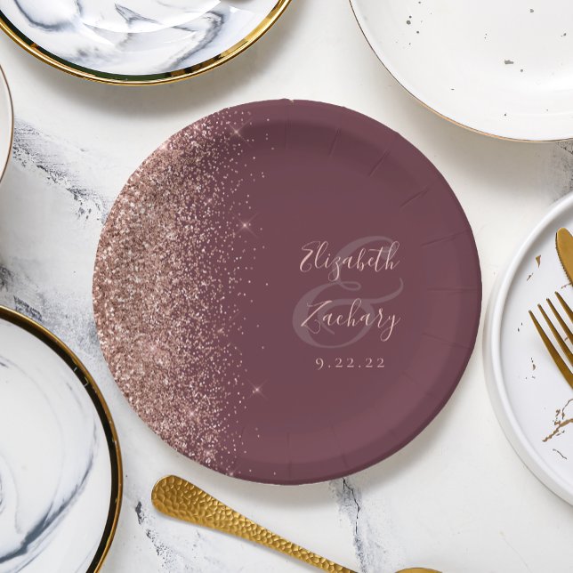 Modern Rose Gold Glitter Dark Burgundy Wedding Paper Plates (Creator Uploaded)