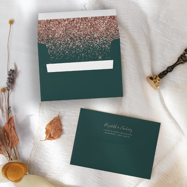 Modern Rose Gold Glitter Dark Green Wedding Envelope (Creator Uploaded)