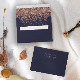 Modern Rose Gold Glitter Dark Navy Blue Wedding Envelope